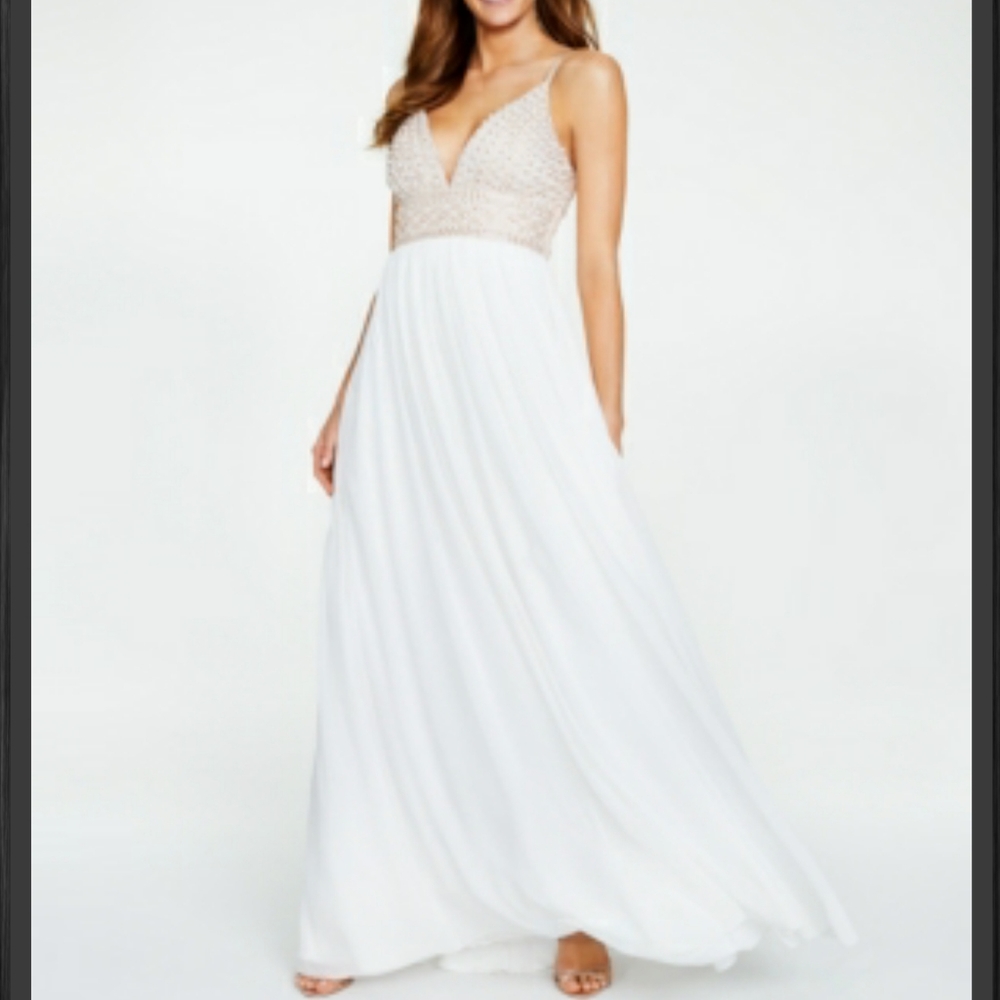 Say yes to the prom Macy's ivory beaded solid spaghetti strap v-neck full length